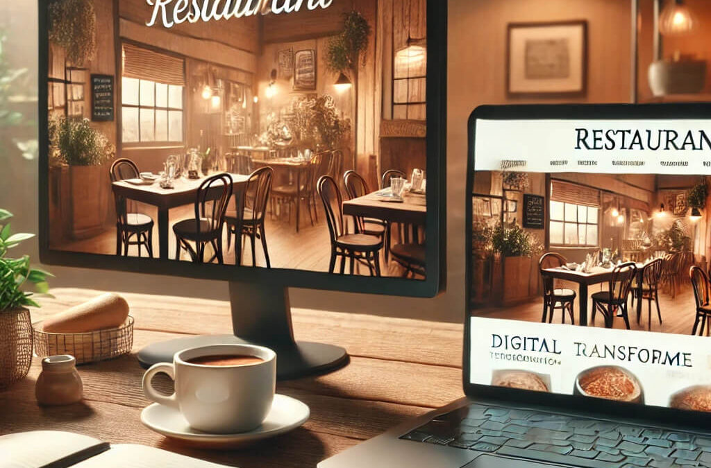 Ein kleines Restaurant mit einem alten Computerbildschirm, der eine veraltete Webseite zeigt. Daneben ein moderner Laptop mit einer professionellen und mobilfreundlichen Restaurant-Webseite, eingerahmt von einem Notizbuch und einer Kaffeetasse.